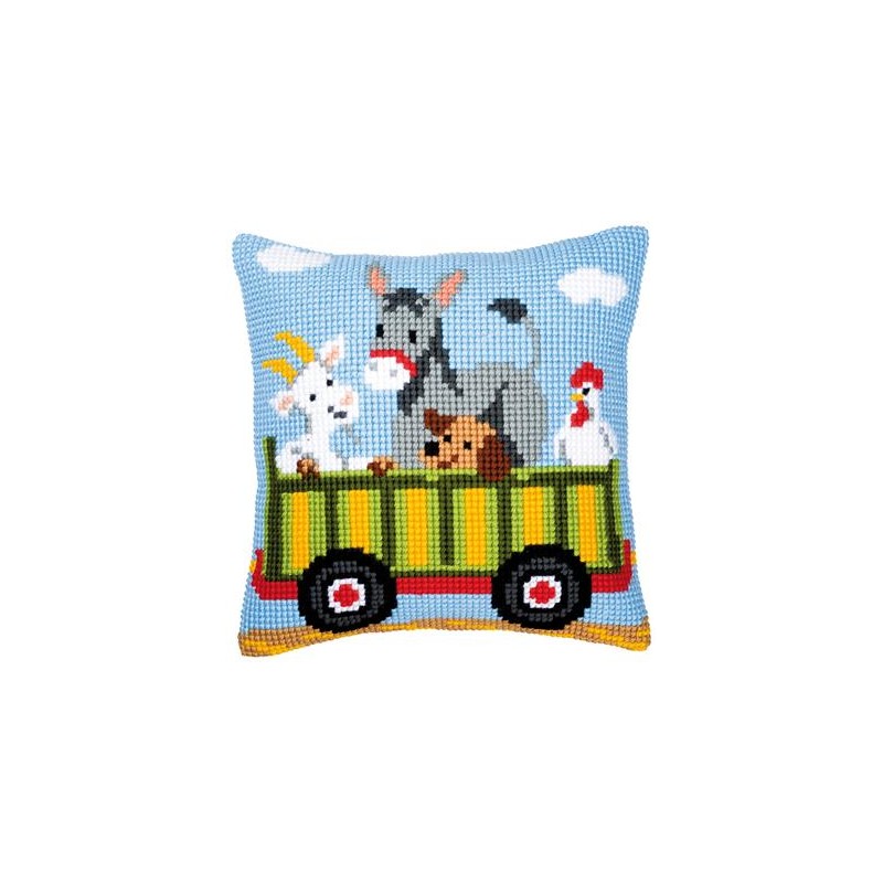 Kit punto de cruz Cojín carro de animales 2