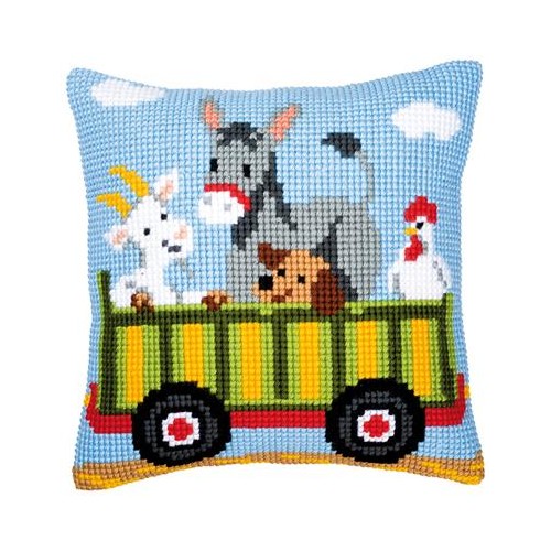 Kit punto de cruz Cojín carro de animales 2