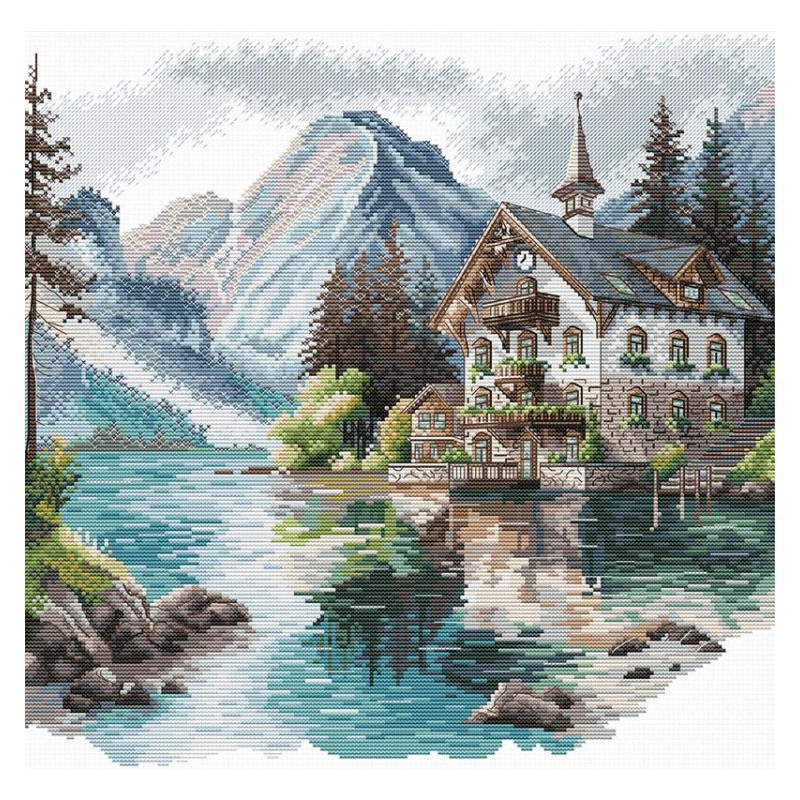 Kit punto de cruz Cabaña alpina junto al lago